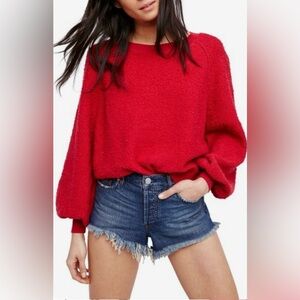Free People Found My Friend Balloon Sleeve Sweater In Vibrant Red Hue Size M